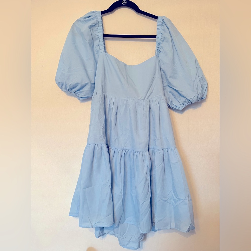 Blue puff sleeve, open back dress